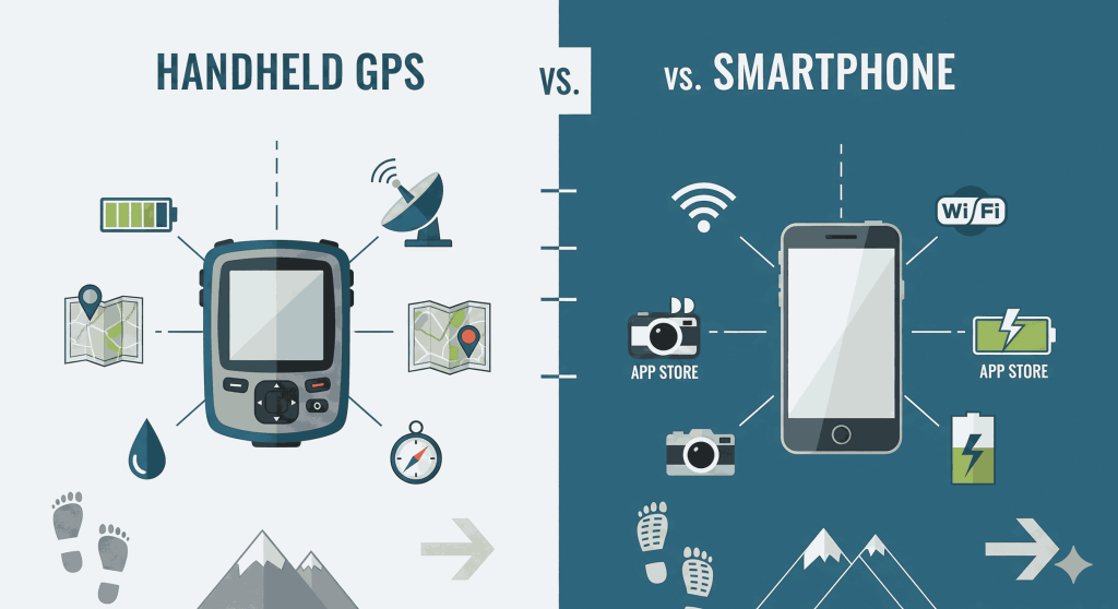 Flat vector infographic perbandingan GPS handheld vs smartphone dengan ikon outdoor dan navigasi.