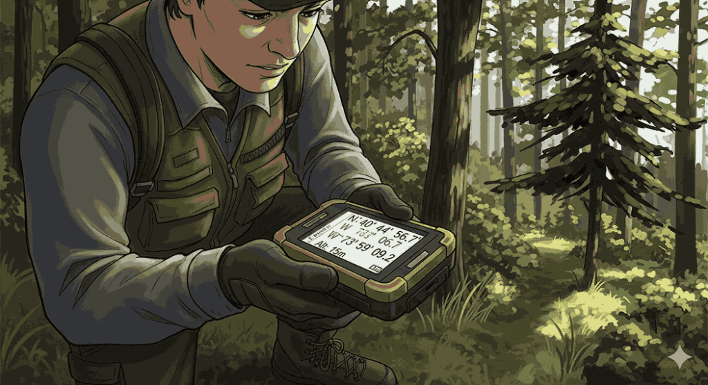 Ilustrasi surveyor lapangan menggunakan GPS handheld