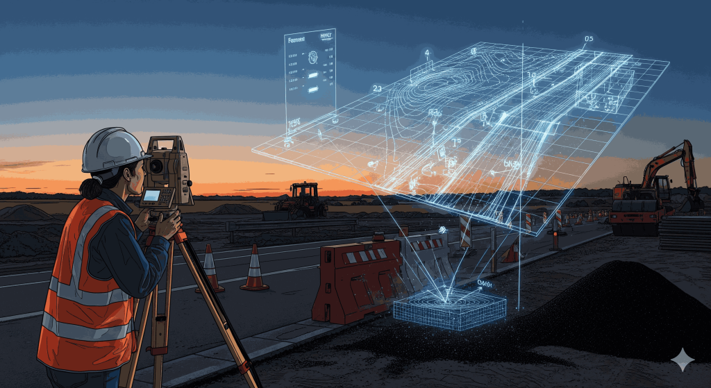 Surveyor lapangan menggunakan total station di lokasi proyek