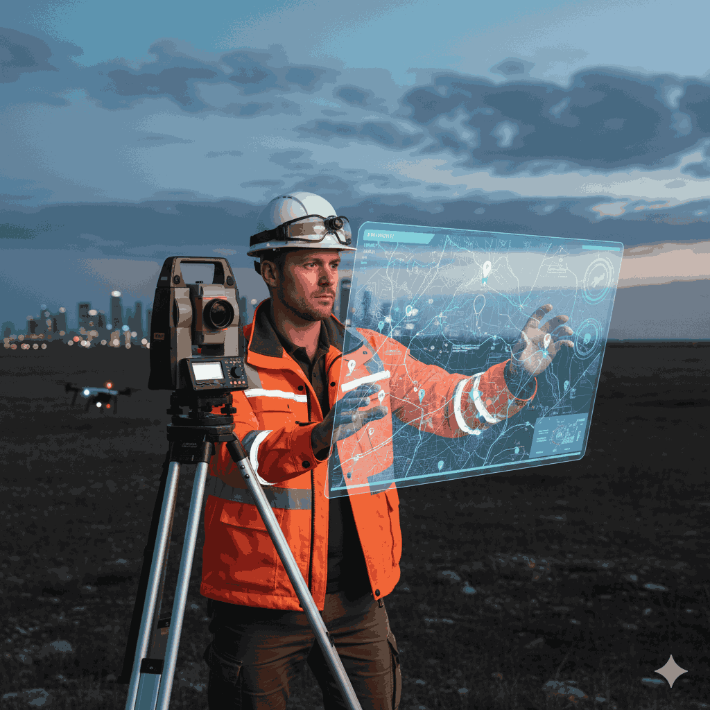 Seorang surveyor profesional menggunakan total station di lapangan terbuka_11zon